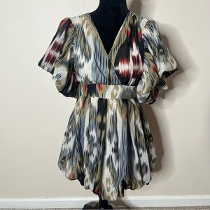 Fumblin Foe Women’s Multicolor Abstract V~Neck Puff Sleeve Puff Hem Mini Dress S